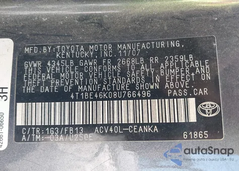 2008 Toyota Camry Le из США, поврежденный, VIN 4T1BE46K08U766496